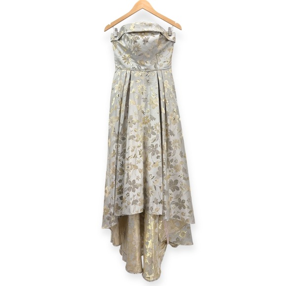 Mac Duggal NEW White Gold Brocade Strapless Golden Floral High Low Gown - Size 4 - Picture 3 of 15